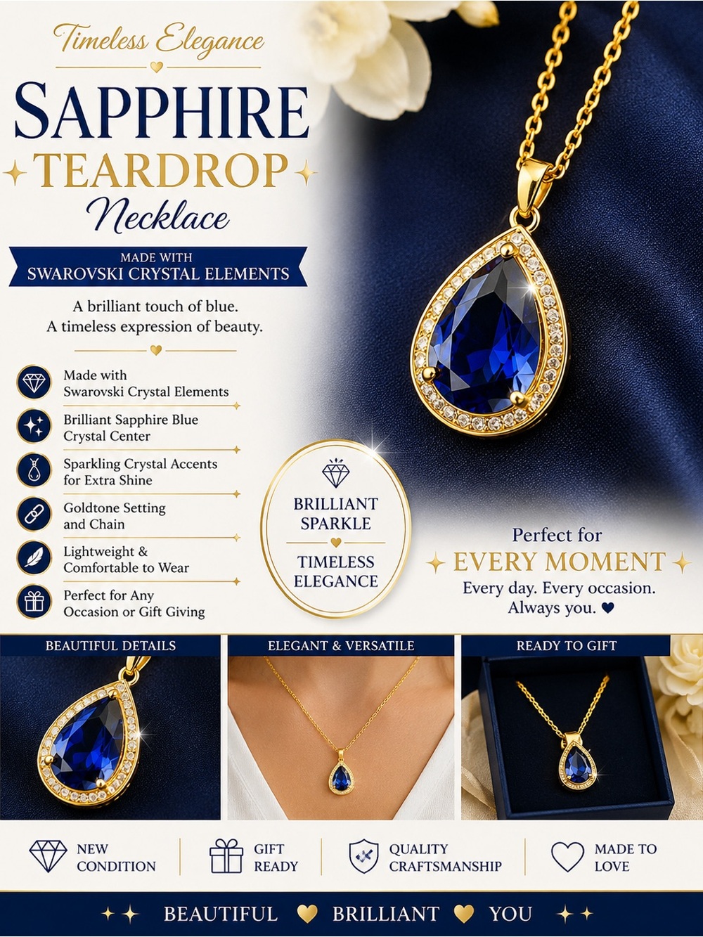 Teardrop Sapphire Blue Crystal Pendant Necklace - Goldtone